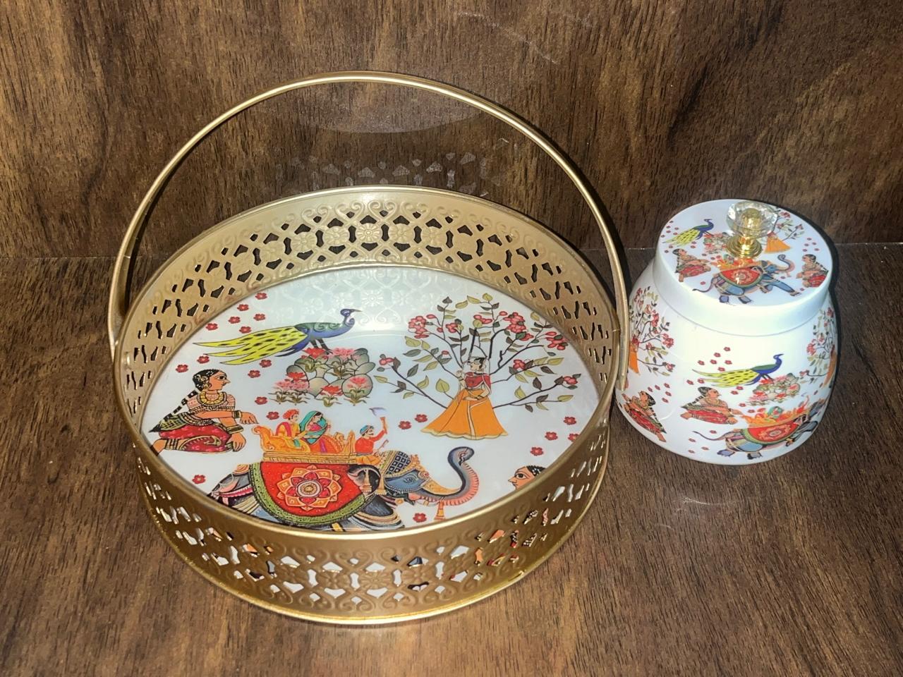Rajasthani Art Inspired Metal Jar & Tray Serving Set